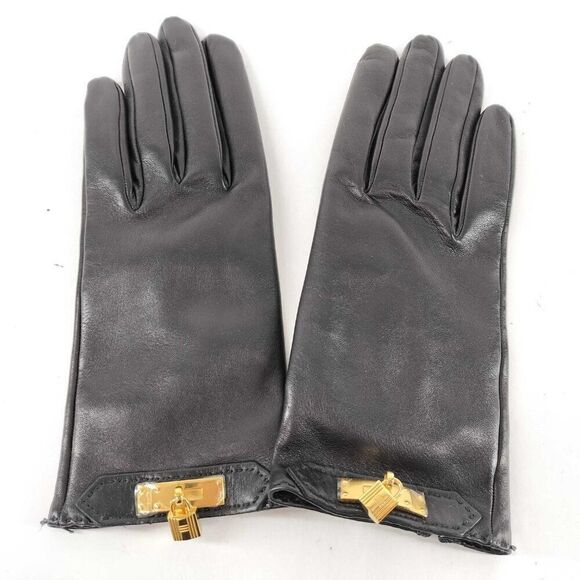 Hermès Kelly Black Leather Gloves with Gold Hardware - Size Medium - Picture 1 of 9